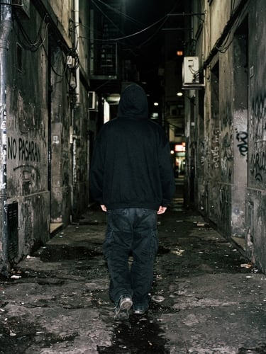 Gritty street photography, low-angle shot of a concrete alleyway in Buenos Aires, high-contrast harsh direct flash, model wearing a black oversized hoodie with hood up, back turned, raw lo-fi 90s grunge aesthetic.