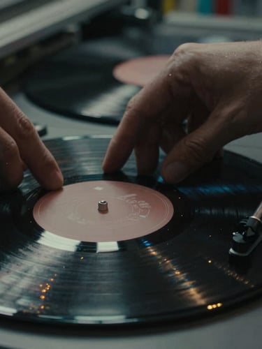 extreme close-up of hands inspecting a freshly pressed vinyl record on a manufacturing line, low-key lighting, subtle gold dust motes, focus on texture and detail, atmospheric cinematic photography, deep shadows, moody desaturated tones, 35mm film