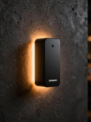 Sleek matte black Jukepass hardware hub mounted on a dark textured concrete wall, warm amber neon glow from behind the device, moody bar atmosphere, shallow depth of field, 35mm
