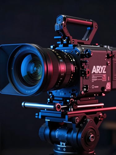 Dramatic cinematic medium close-up of a high-end ARRI digital cinema camera on a stabilizer rig, dark studio environment with intense electric blue and laser red rim lighting, sharp focus on the lens glass, anamorphic framing.