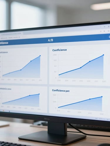 A close-up of a split-screen A/B testing dashboard showing statistical confidence intervals and conversion curves, cool blue tones, sharp focus, 35mm