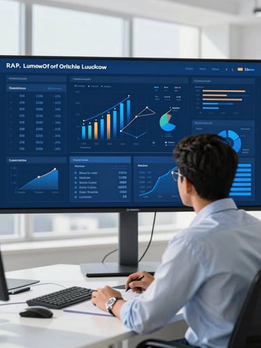 Modern editorial office in Lucknow, bright natural daylight, clean corporate blue tones, a strategist analyzing live analytics dashboards on a large screen, sharp focus, 35mm