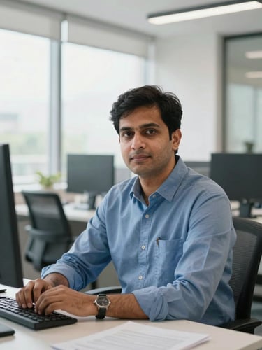 A professional portrait of the founder in a modern Lucknow workspace, natural side lighting, looking directly at the camera, highly focused, 35mm