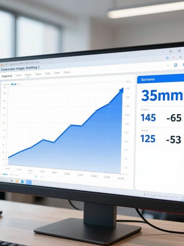 A crisp macro shot of a live marketing dashboard on a monitor, showing upward organic traffic growth curves and clear revenue numbers, cool office lighting, sharp focus, 35mm
