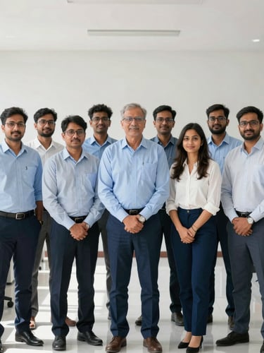 Editorial portrait of the founding team in our Lucknow office, bright natural daylight, clean corporate blue and white tones, sharp focus, 35mm