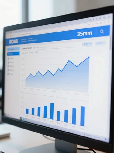 Close-up of a live marketing dashboard on a monitor, showing clear line charts of ROAS and conversion rates, bright natural daylight, clean corporate blue and white tones, sharp focus, 35mm
