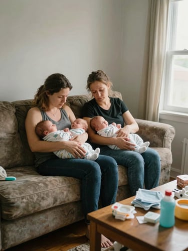 Environmental wide shot inside a small apartment living room, two mothers sitting close on a worn sofa, one holding two swaddled newborns simultaneously while the other leans in with a tired but present expression, natural window light from the right side, no posing, visible clutter of baby supplies on the coffee table in the foreground