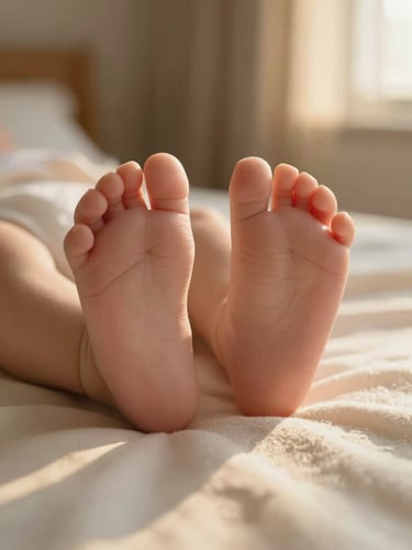 Close-up of two pairs of tiny infant feet resting side by side on a soft cream blanket, golden hour window light from the upper right, slight texture of the fabric visible, no faces, warm and grounded, unposed