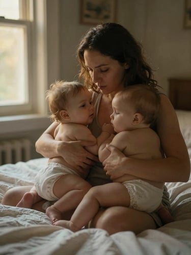 Environmental close-up inside a dim home bedroom, a mother's hands holding two small babies against her chest simultaneously, golden window light entering from the left, soft shadows on a rumpled cotton sheet, tiredness visible in the texture of the scene — no staging, no posed smiles