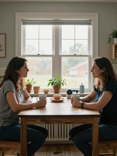 Wide environmental shot of two mothers sitting across from each other at a kitchen table in a home, both with coffee cups, one with a visible baby monitor nearby, natural morning window light, unposed and documentary, no eye contact with camera