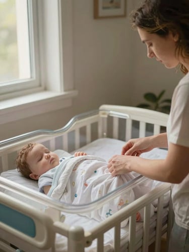 Environmental close-up inside a home nursery corner, two small hospital-style bassinets side by side, a tired mother's hands adjusting a blanket over one of them, warm afternoon window light entering from the left, no staging or decoration, real and unposed