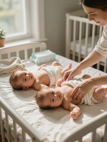 Environmental wide shot inside a real home nursery, natural window light from the left — two newborns lying side by side on a changing mat, a mother's hands adjusting a blanket over both simultaneously, soft shadows, no flash, slightly cluttered background with wipes and a folded cloth visible, warm cream and sage tones