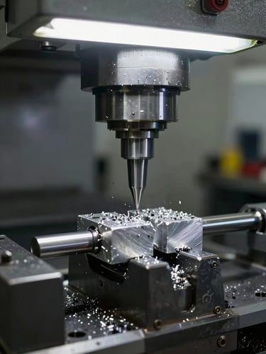 Close-up of a CNC mill mid-cut, aluminum workpiece clamped in vise, cutting tool engaged, fine aluminum chips visible in the air, practical overhead shop fluorescent lighting, shallow depth of field on the tool contact point