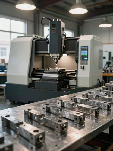 Wide shop floor view showing large CNC turning center and milling machine in background, warm tungsten overhead lights mixing with daylight from factory windows, finished steel parts arranged in a row on a steel surface table in the foreground