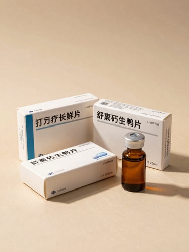 Studio-lit close-up of three medication boxes and a small amber glass bottle arranged on a warm beige surface, soft diffused light from above, clean shadows, no hands, no labels readable