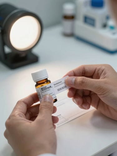 Extreme close-up of pharmacist hands carefully checking a printed prescription against a medication bottle label on a clean white counter, soft studio strobe light from the left, sharp detail on fingertips and label text
