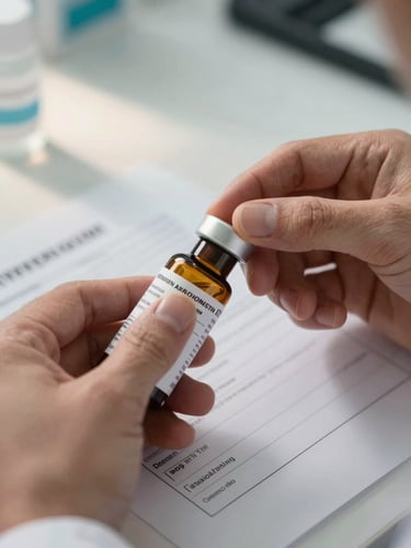 Extreme close-up of pharmacist hands carefully checking a medication bottle label against a printed prescription on a clean white counter, soft north-facing daylight from the left, sharp detail on fingertips and bottle text