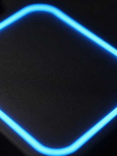 Macro close-up of a glowing digital interface, sharp neon blue edge lighting, deep charcoal tones, 35mm