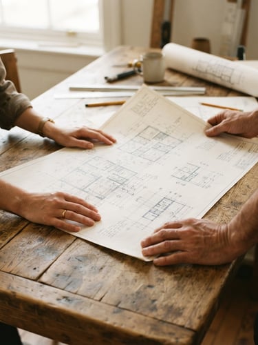 Hands holding a physical architectural blueprint over a rustic wooden table, natural diffused daylight, warm earth tones, 35mm film texture