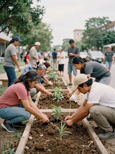 A medium-wide shot of multi-generational community members working together on an active urban-greening installation, natural diffused daylight, grounded earth tones, 35mm film texture