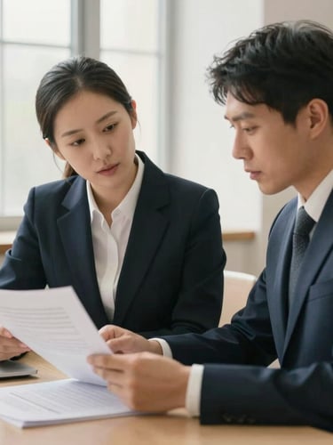 Warm editorial photography of two professional attorneys reviewing legal documents together in a bright office, soft natural window light, muted navy and cream tones, shallow depth of field, 35mm lens