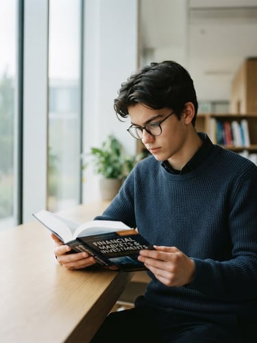 Editorial portrait of a focused 16-year-old Belgian young man in a clean, bright workspace with large windows, reading a financial textbook, soft natural side lighting, desaturated navy tones, high-end 50mm photography.