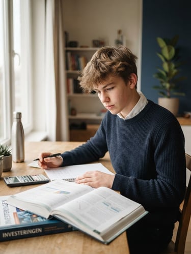 Close-up portrait of a 16-year-old Belgian student working at a clean wooden desk with financial books, soft natural window light, desaturated navy and green tones, 50mm lens.