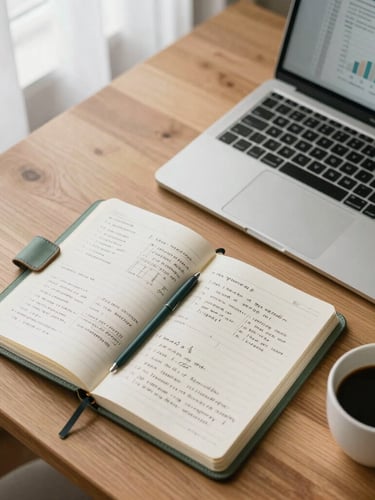 Overhead flat-lay of a clean wooden desk with an open leather-bound notebook showing handwritten financial models, a modern laptop displaying clean charts, and a cup of black coffee, soft natural window light.