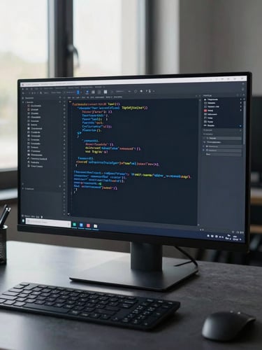 Wide cinematic view of a dark monitor displaying clean TypeScript code in a VS Code editor, cool blue syntax highlighting, keyboard and trackpad in foreground on a graphite desk, north-facing window light, minimal workspace