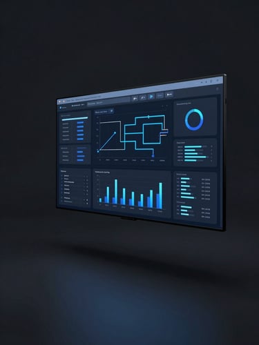 Wide cinematic frame of a floating SaaS dashboard UI panel glowing with blue accent light against deep graphite darkness, server metrics and pipeline graphs visible on screen, cool studio lighting from above, no faces, right-side composition with generous dark space to the left
