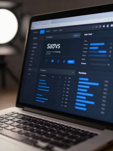 Close-up of a MacBook Pro screen displaying a clean dark-mode SaaS dashboard with blue accent data visualisations, keyboard partially visible at bottom, cool studio light from the left, shallow depth of field