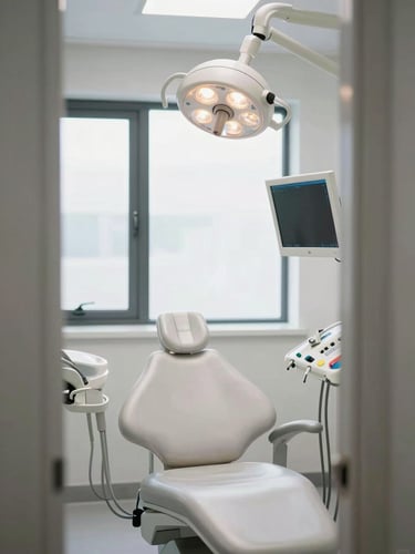 Close-up view of a modern dental operatory from the doorway — clean white chair centred, overhead light off, digital screen glowing softly to the right, daylight from a north-facing window casting even clinical light across the room, no people present, minimal and precise