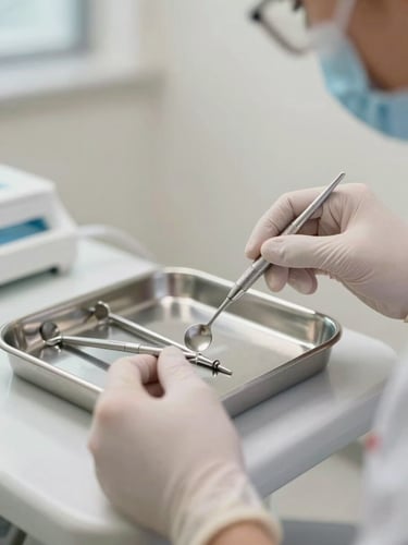Close-up of a dental hygienist's gloved hands adjusting instruments on a sterile tray in a daylight-lit modern operatory, clinical precision in focus, off-white background, natural north-facing light