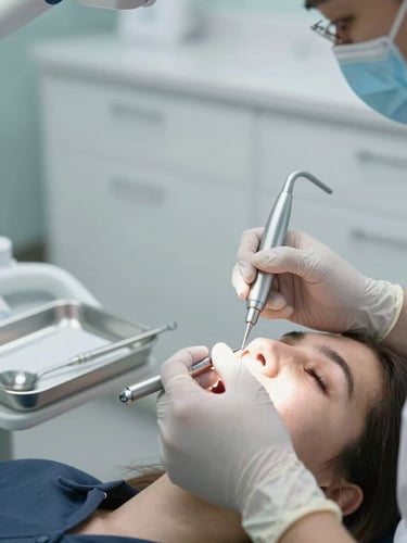 Close-up of a dental hygienist's gloved hands positioning a dental instrument over a patient in a daylight-lit modern operatory, clinical tray in soft focus to the left, clean white cabinetry visible behind