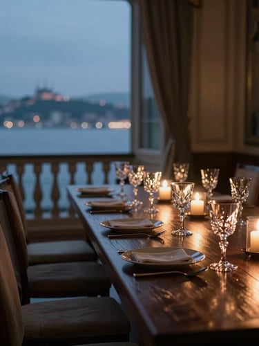 Cinematic side-angle shot of a historic Bosphorus mansion dining room at dusk, a long dark wooden table set with elegant crystal glasses reflecting warm candlelight, soft shadows, empty space on the left, moody atmosphere.