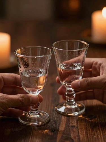 A close-up, low-key warm candlelit scene on a dark wooden table, hands gently clinking two elegant rakı glasses, soft condensation on the glass, background softly blurred with warm amber glow.