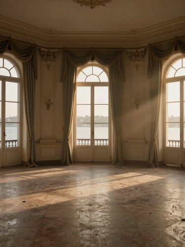 Atmospheric wide shot of an empty historic Bosphorus mansion salon at golden hour, soft warm light pouring through tall windows, dusty air, cinematic framing