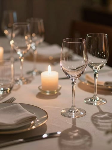 Cinematic close-up of a dimly lit private dinner table, warm candlelight reflecting on crystal wine glasses, soft shadows, elegant table setting, sophisticated atmosphere