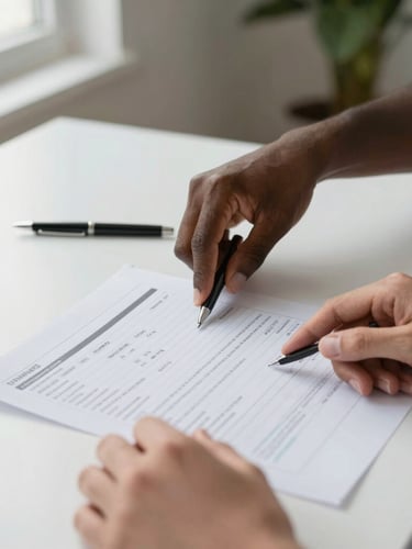 Close-up of hands signing official business documents and contracts with a pen at a desk.