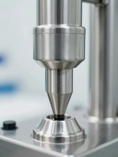 Macro close-up of pristine stainless steel blending equipment under bright clinical white light, sharp focus.