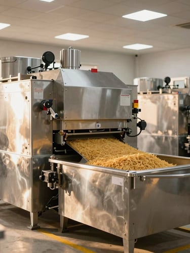 Wide-angle shot of a clean, modern automated rice milling facility, bright industrial lighting mixed with warm sunlight, pristine stainless steel machinery