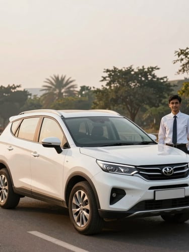 A clean white SUV parked along a scenic highway in North India during golden hour, professional driver in neat attire standing nearby, 35mm lens.