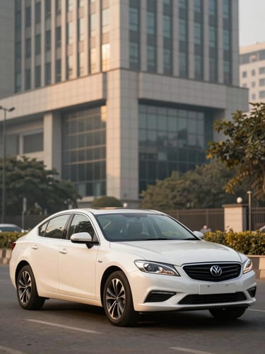 A clean white premium sedan parked in front of a modern corporate office building in New Delhi, warm golden-hour light, professional automotive photography, 35mm