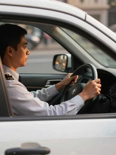 Close-up of a professional driver's hands in a neat uniform on a steering wheel of a clean white vehicle, warm golden-hour city light filtering through the window, shallow depth of field
