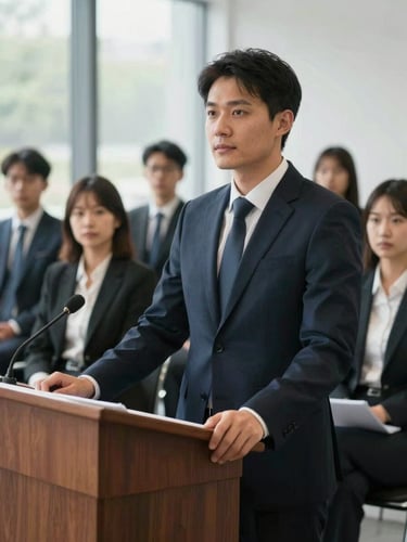 A candidate presenting at a podium in front of a professional feedback panel, bright corporate daylight, sharp focus on confident posture.