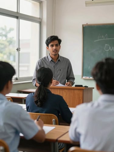 Active mock interview session in a bright Kolkata classroom, instructor giving direct verbal feedback to a student presenting at a podium, natural daylight from side windows.