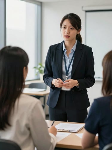 Eye-level medium shot of an active mock interview session, a professional female instructor giving constructive feedback to a young candidate in a bright corporate room, daylight.