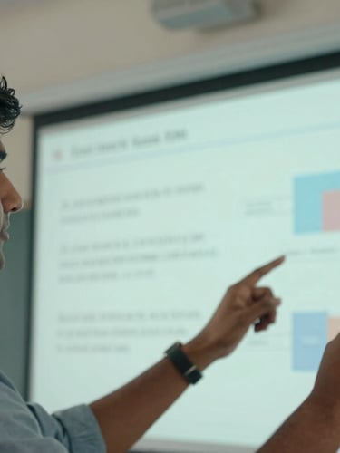 A close-up vertical shot of an Indian student confidently presenting a slide deck during a corporate simulation, modern classroom background.