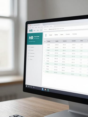 Bright, natural daylight mixed with clean, professional indoor office lighting. Close-up of modern HR software interfaces and payroll spreadsheets on a high-resolution display, clean and structured.