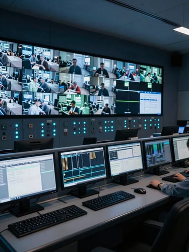 Wide control room interior at night, multiple monitors displaying live camera feeds and access logs, cyan LED status indicators glowing on wall-mounted alarm panels, deep navy ambient light, tight crop on the central operator console showing real-time data streams